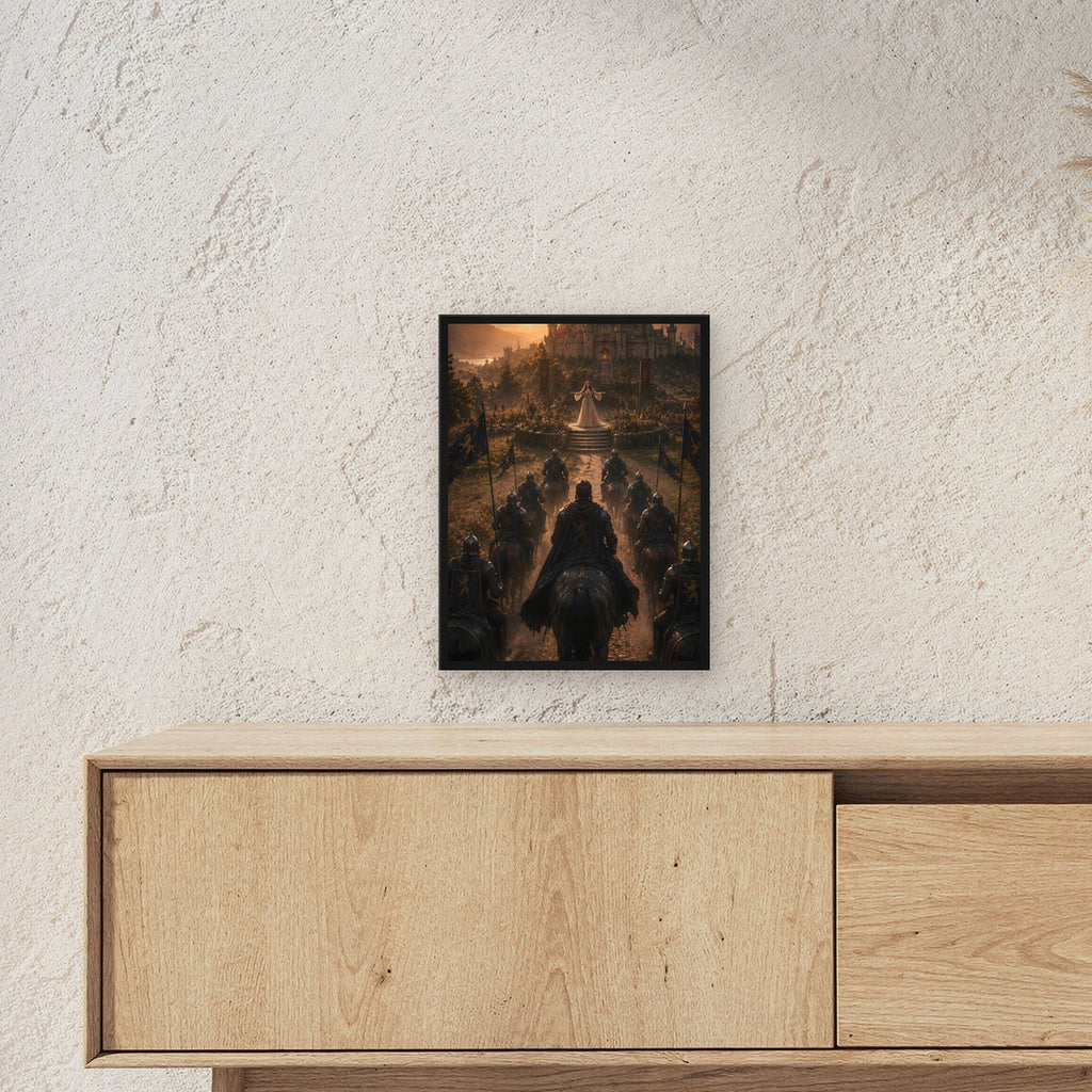 Dark-Fantasy Poster gerahmt im schwarzen Holzrahmen ueber einem Sideboard, zeigt die Groesse im Raum