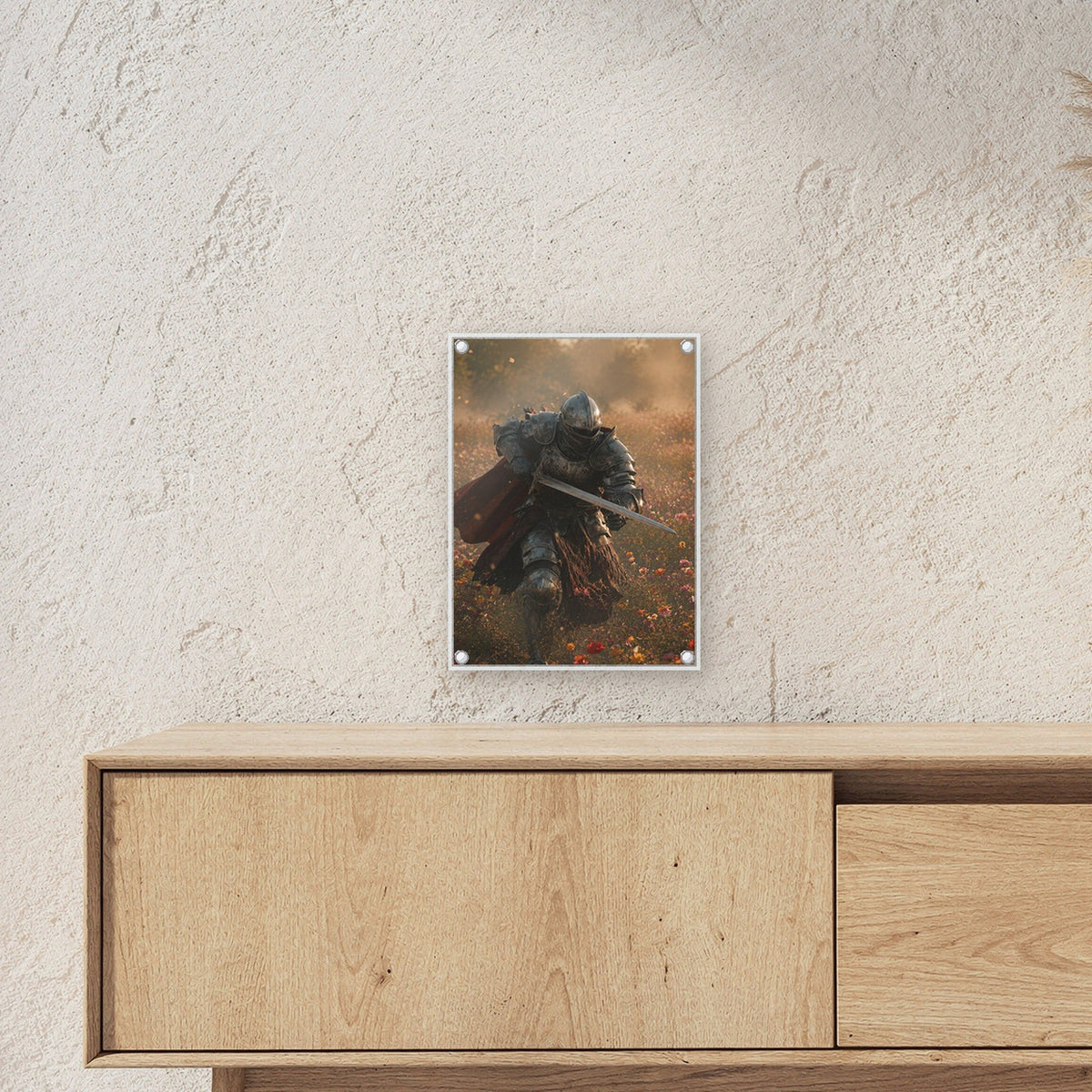 Dark-Fantasy Acrylglasbild auf Acrylglas mit Edelstahl-Abstandshaltern ueber einem Sideboard, zeigt die Groesse im Raum