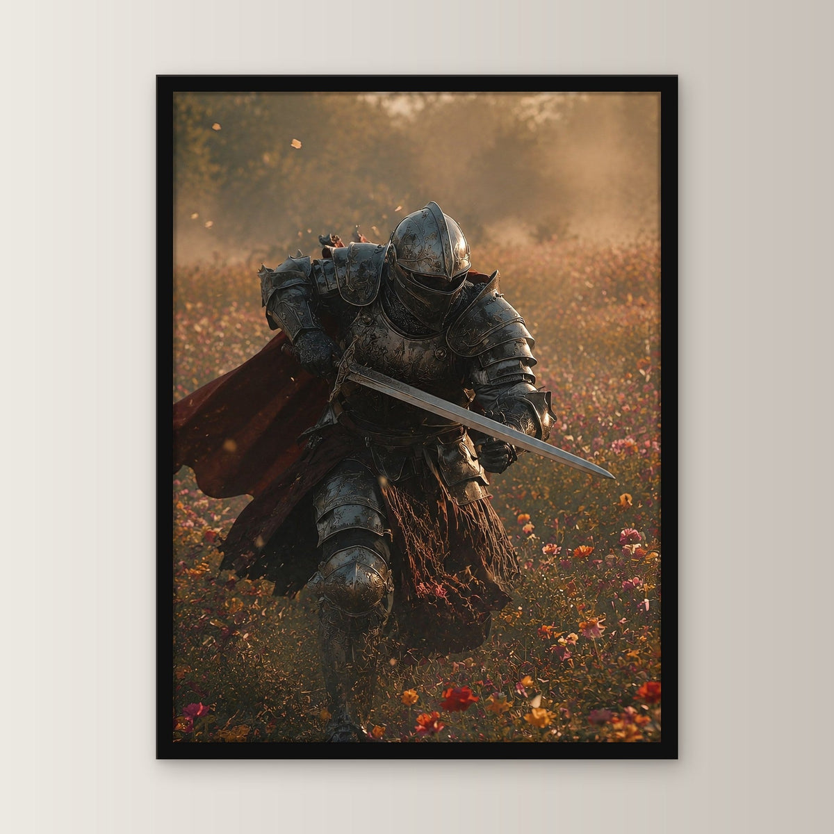 Dark-Fantasy Poster gerahmt im schwarzen Holzrahmen, gerade von vorn an heller Wand