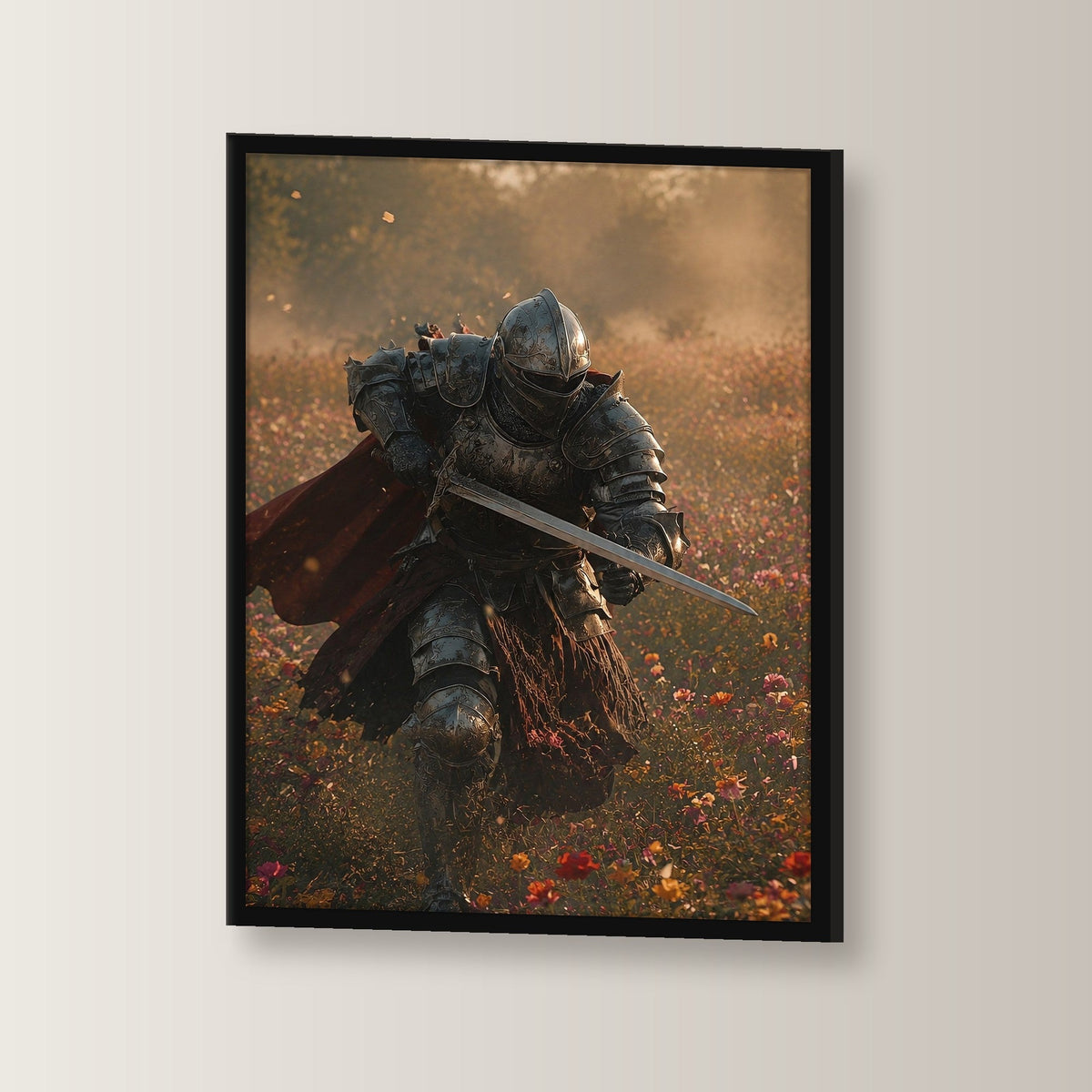 Dark-Fantasy Poster gerahmt im schwarzen Holzrahmen, leicht gedreht an der Wand fotografiert