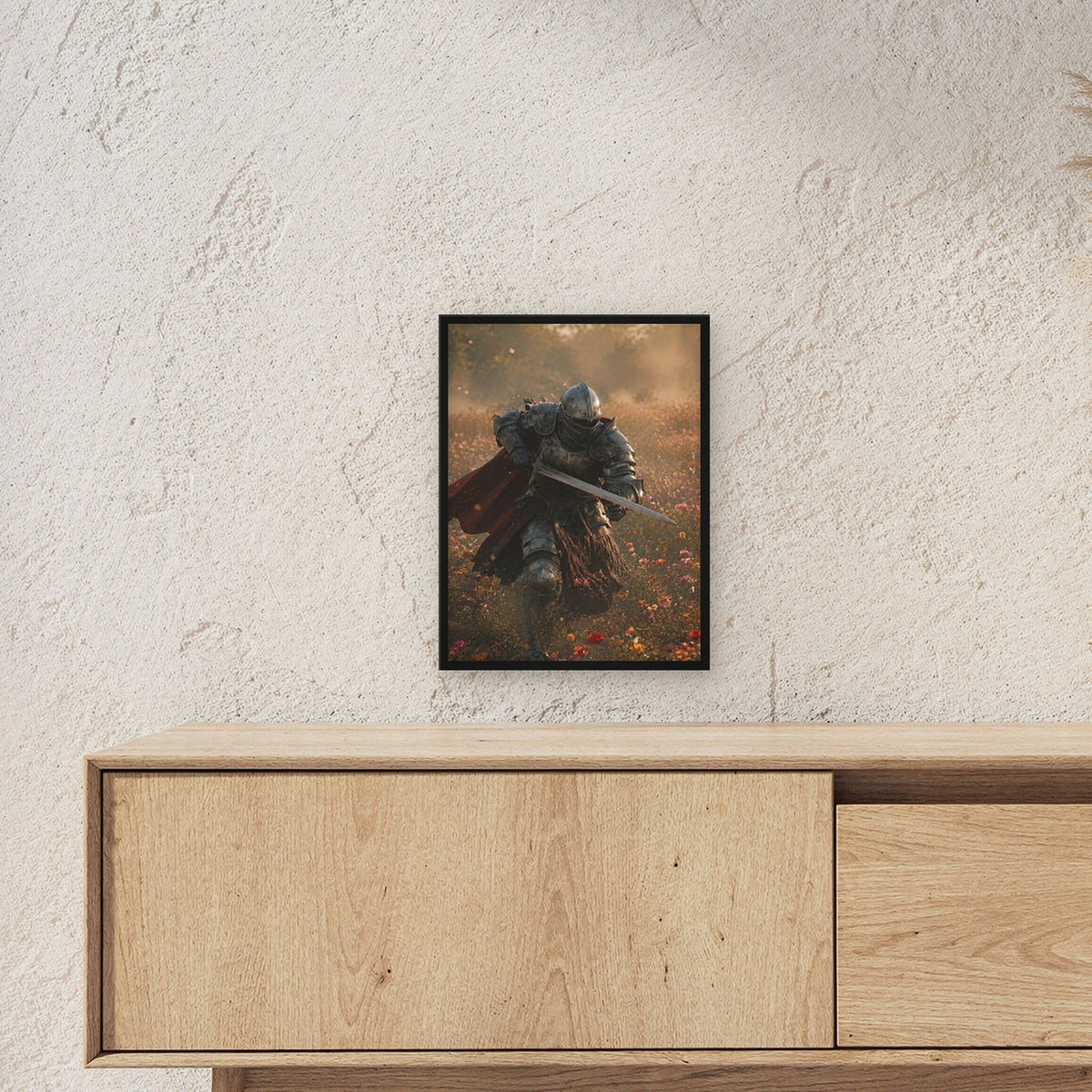 Dark-Fantasy Poster gerahmt im schwarzen Holzrahmen ueber einem Sideboard, zeigt die Groesse im Raum