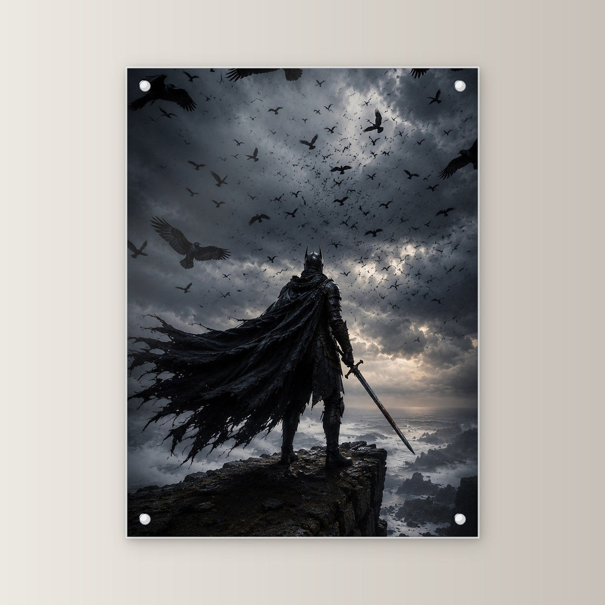 Dark-Fantasy Acrylglasbild auf Acrylglas mit Edelstahl-Abstandshaltern, gerade von vorn an heller Wand