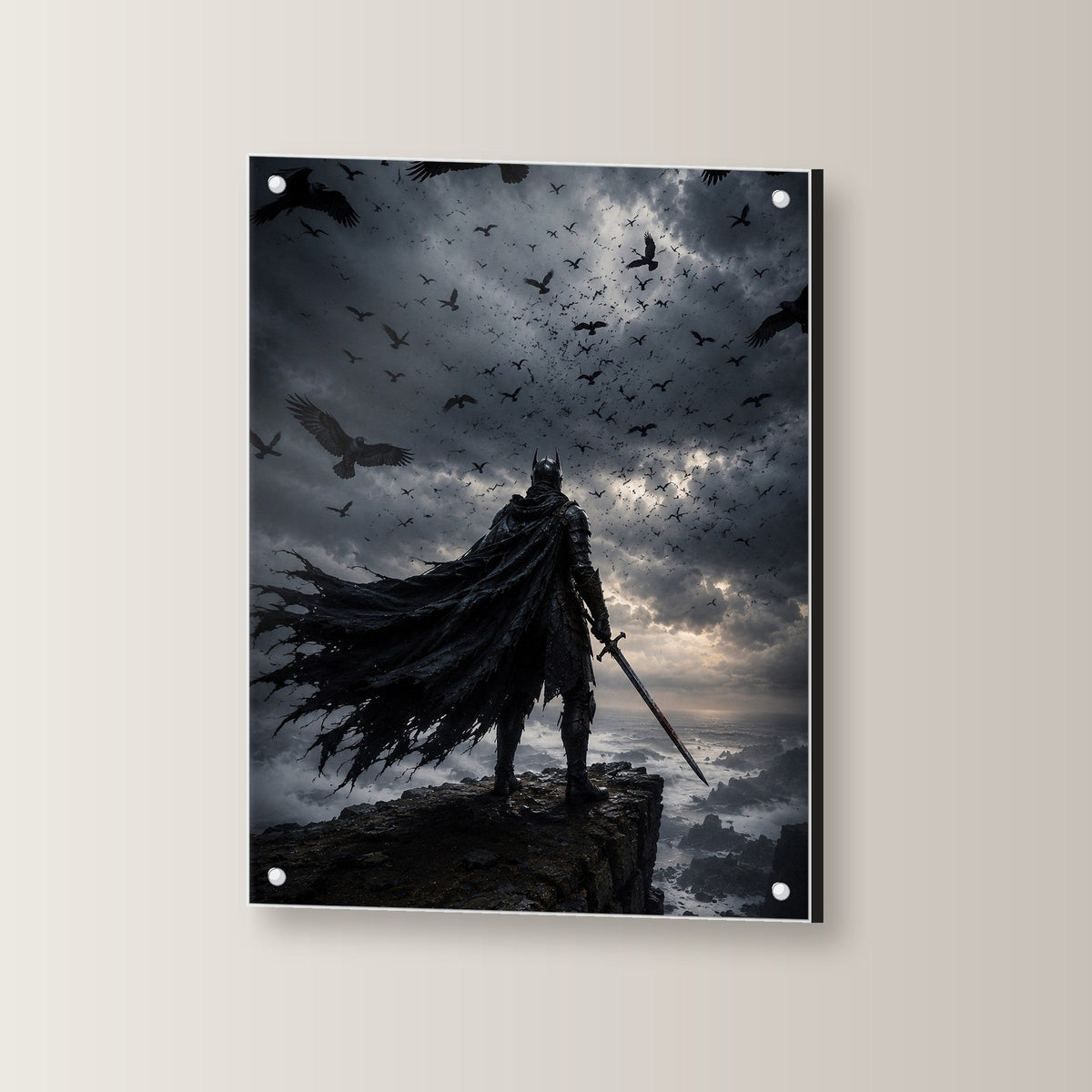 Dark-Fantasy Acrylglasbild auf Acrylglas mit Edelstahl-Abstandshaltern, leicht gedreht an der Wand fotografiert