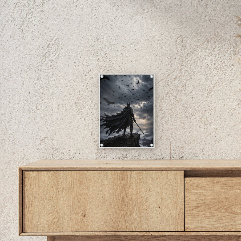 Dark-Fantasy Acrylglasbild auf Acrylglas mit Edelstahl-Abstandshaltern ueber einem Sideboard, zeigt die Groesse im Raum