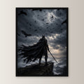 Dark-Fantasy Poster gerahmt im schwarzen Holzrahmen, gerade von vorn an heller Wand