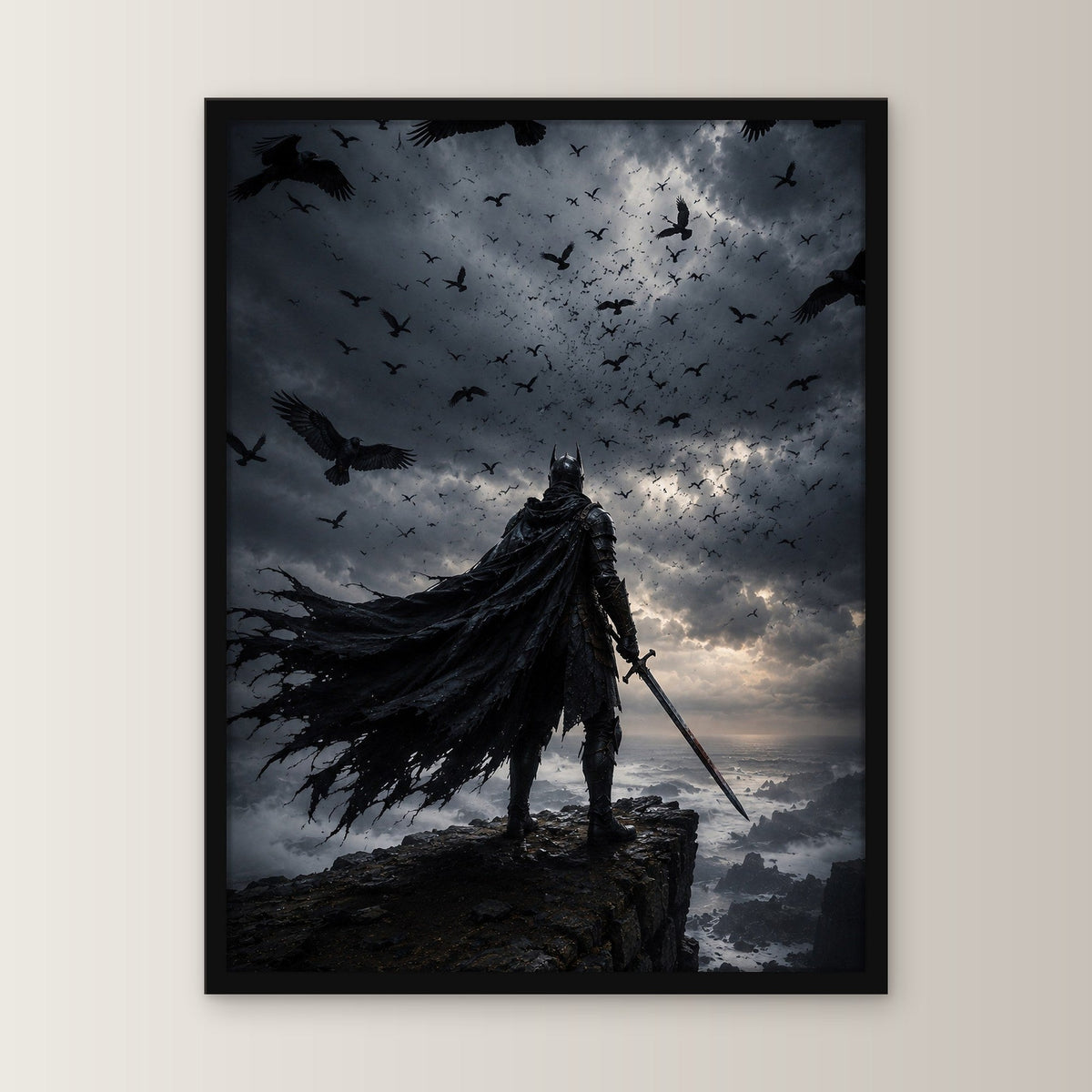 Dark-Fantasy Poster gerahmt im schwarzen Holzrahmen, gerade von vorn an heller Wand