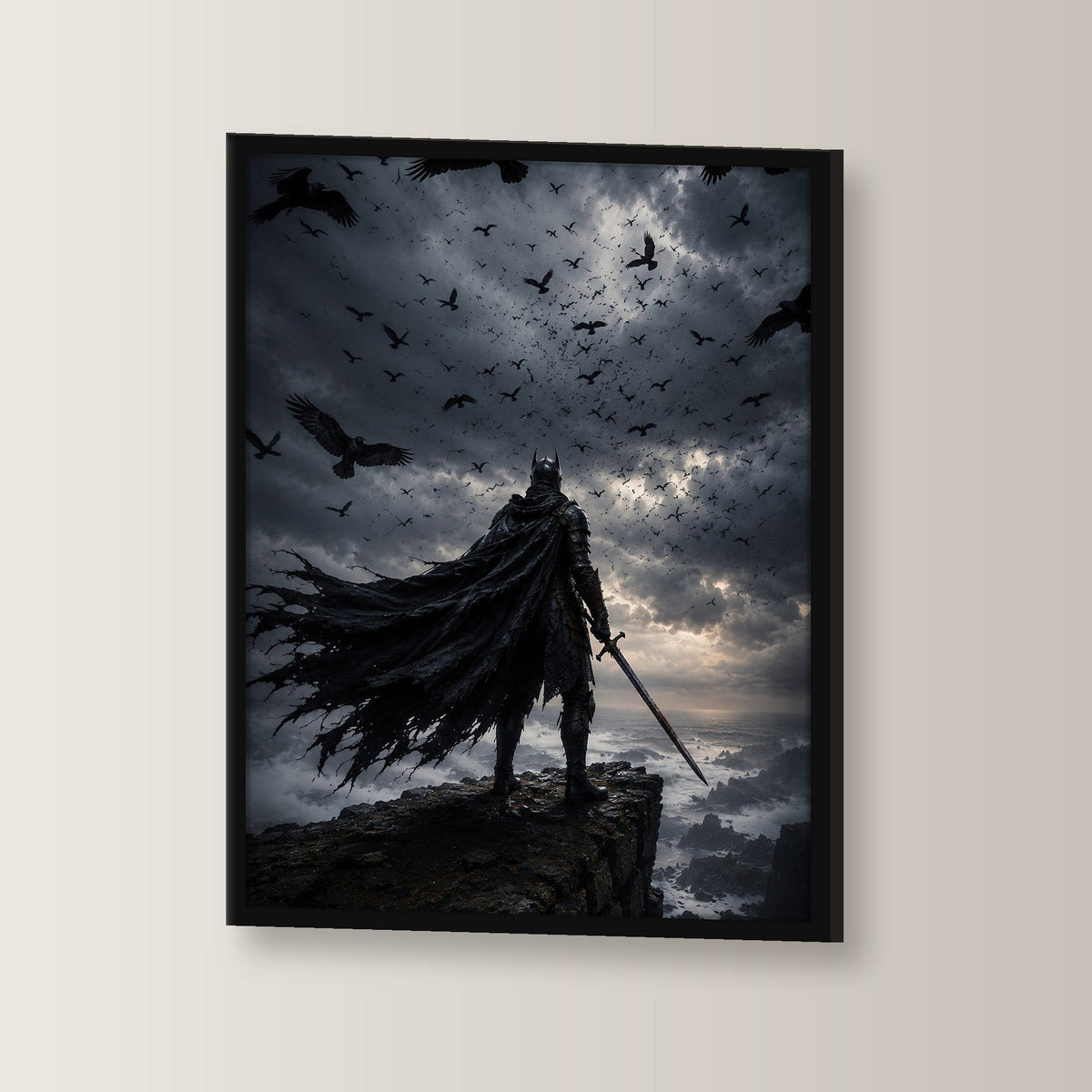 Dark-Fantasy Poster gerahmt im schwarzen Holzrahmen, leicht gedreht an der Wand fotografiert