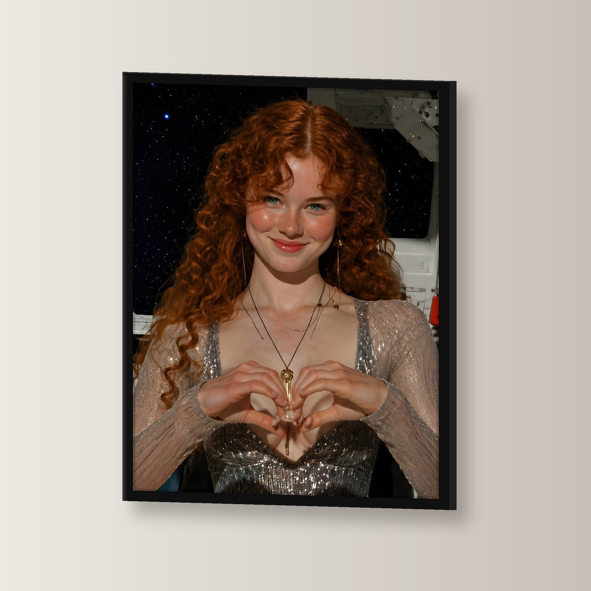 Fantasy Poster gerahmt im schwarzen Holzrahmen, leicht gedreht an der Wand fotografiert