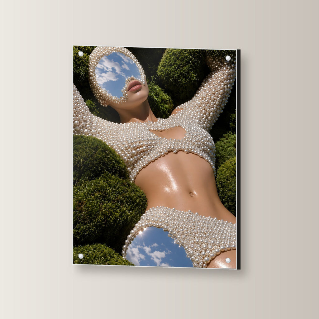 Surreal Acrylglasbild auf Acrylglas mit Edelstahl-Abstandshaltern, leicht gedreht an der Wand fotografiert