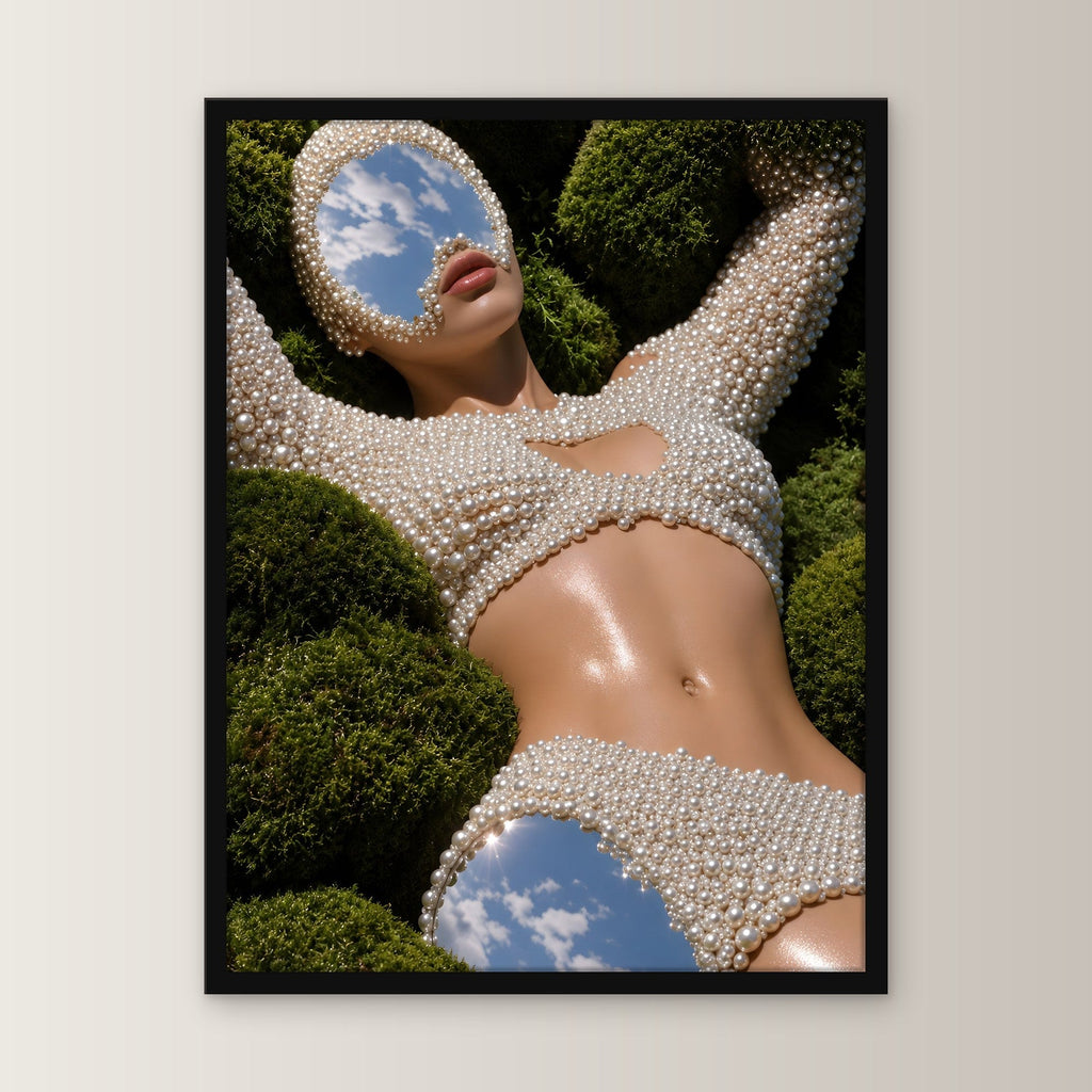 Surreal Poster gerahmt im schwarzen Holzrahmen, gerade von vorn an heller Wand