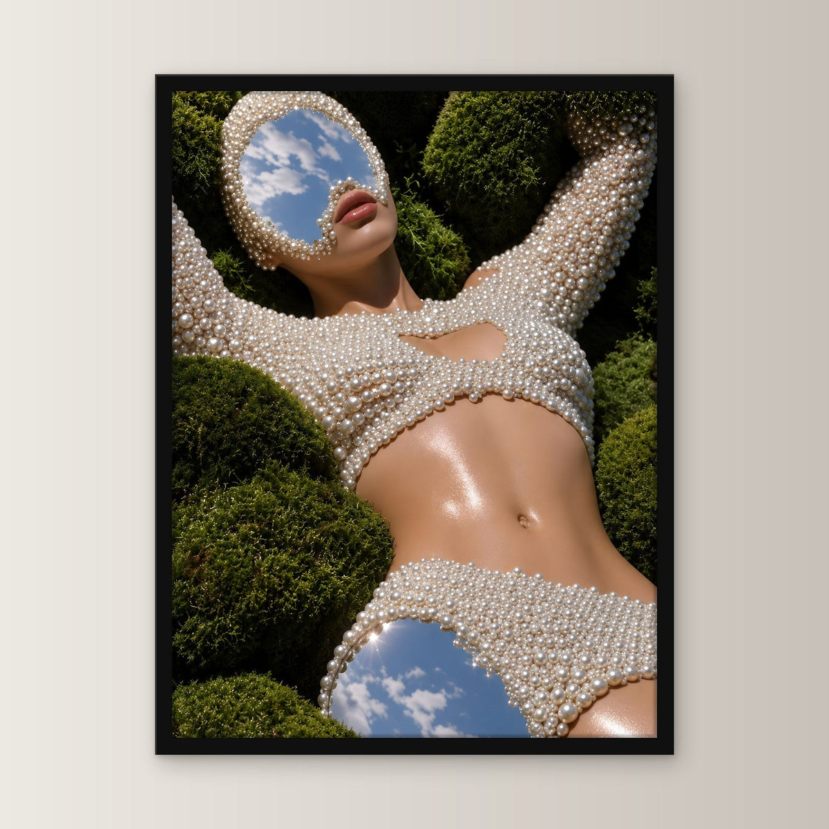 Surreal Poster gerahmt im schwarzen Holzrahmen, gerade von vorn an heller Wand