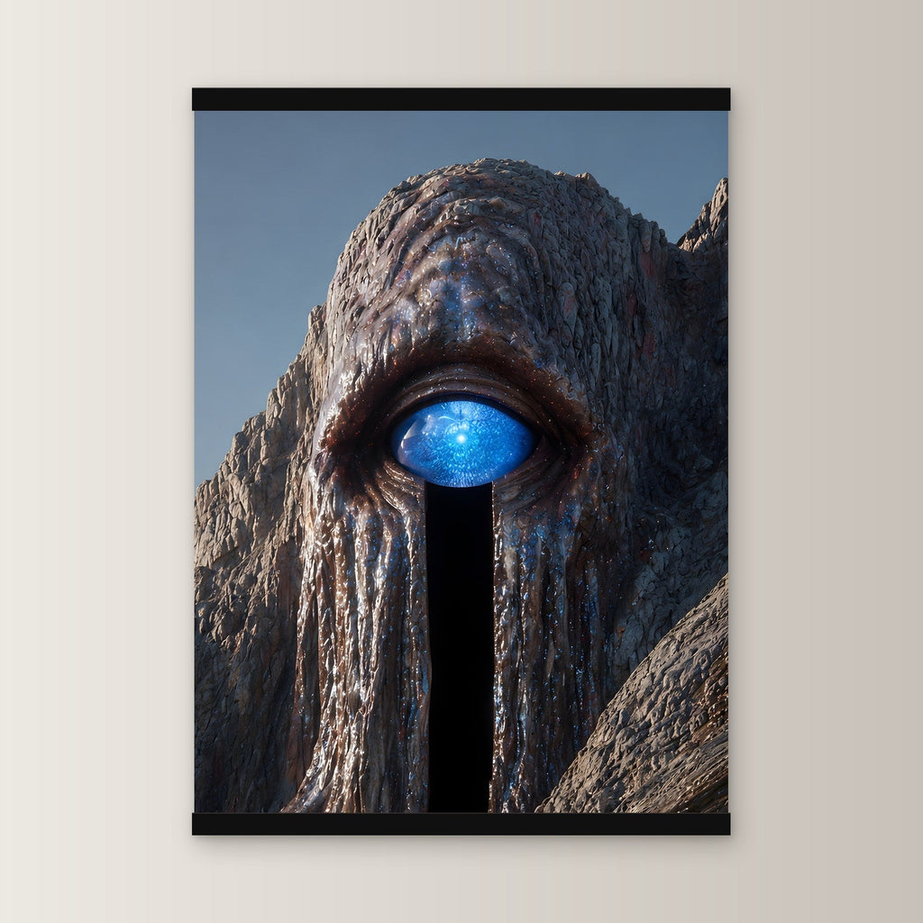 Das Auge des Berges als Poster mit schwarzer Holzleiste, gerade von vorn an heller Wand