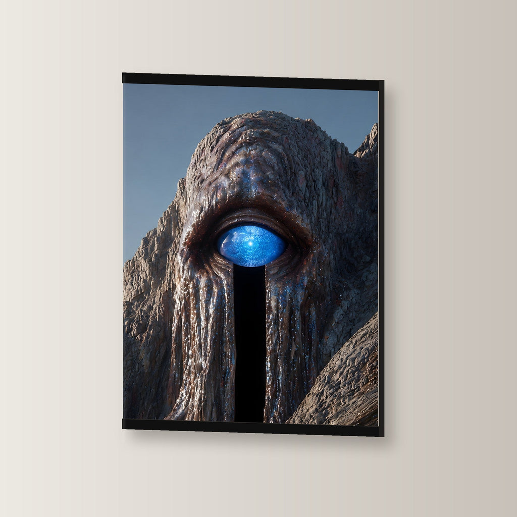 Das Auge des Berges als Poster mit schwarzer Holzleiste, leicht gedreht an der Wand fotografiert