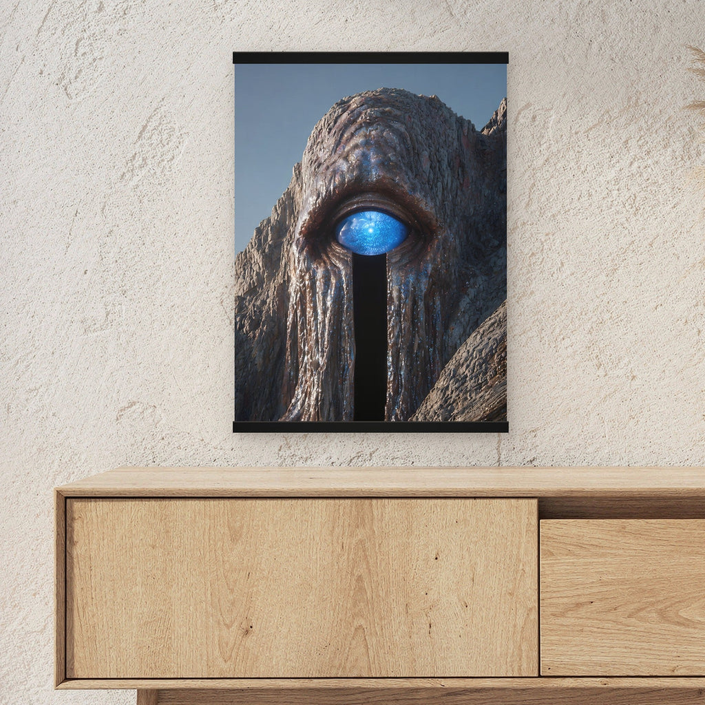 Das Auge des Berges als Poster mit schwarzer Holzleiste ueber einem Sideboard, zeigt die Groesse im Raum