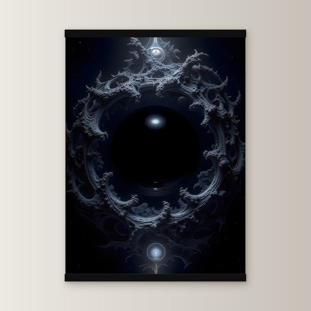 Das Auge der Leere als Poster mit schwarzer Holzleiste, gerade von vorn an heller Wand