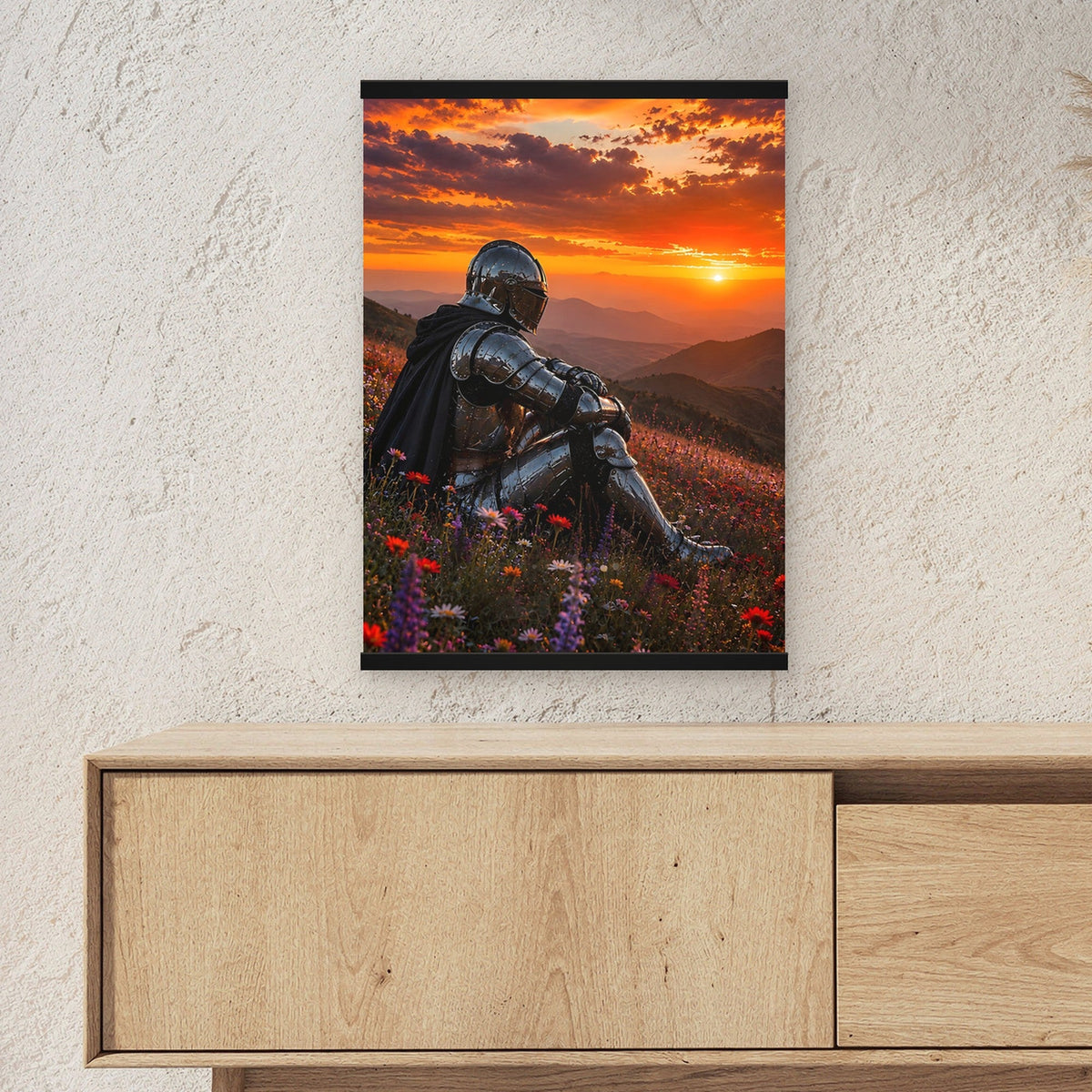 Am Ende des Tages als Poster mit schwarzer Holzleiste ueber einem Sideboard, zeigt die Groesse im Raum