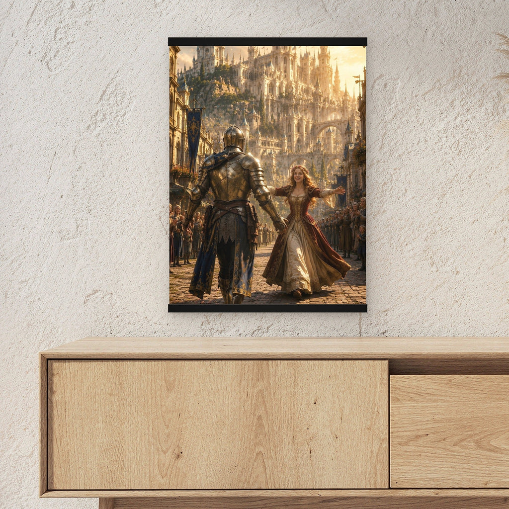 An ihrer Seite als Poster mit schwarzer Holzleiste ueber einem Sideboard, zeigt die Groesse im Raum