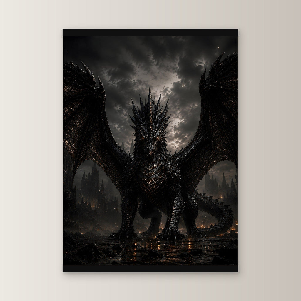 Der Aschekönig als Poster mit schwarzer Holzleiste, gerade von vorn an heller Wand