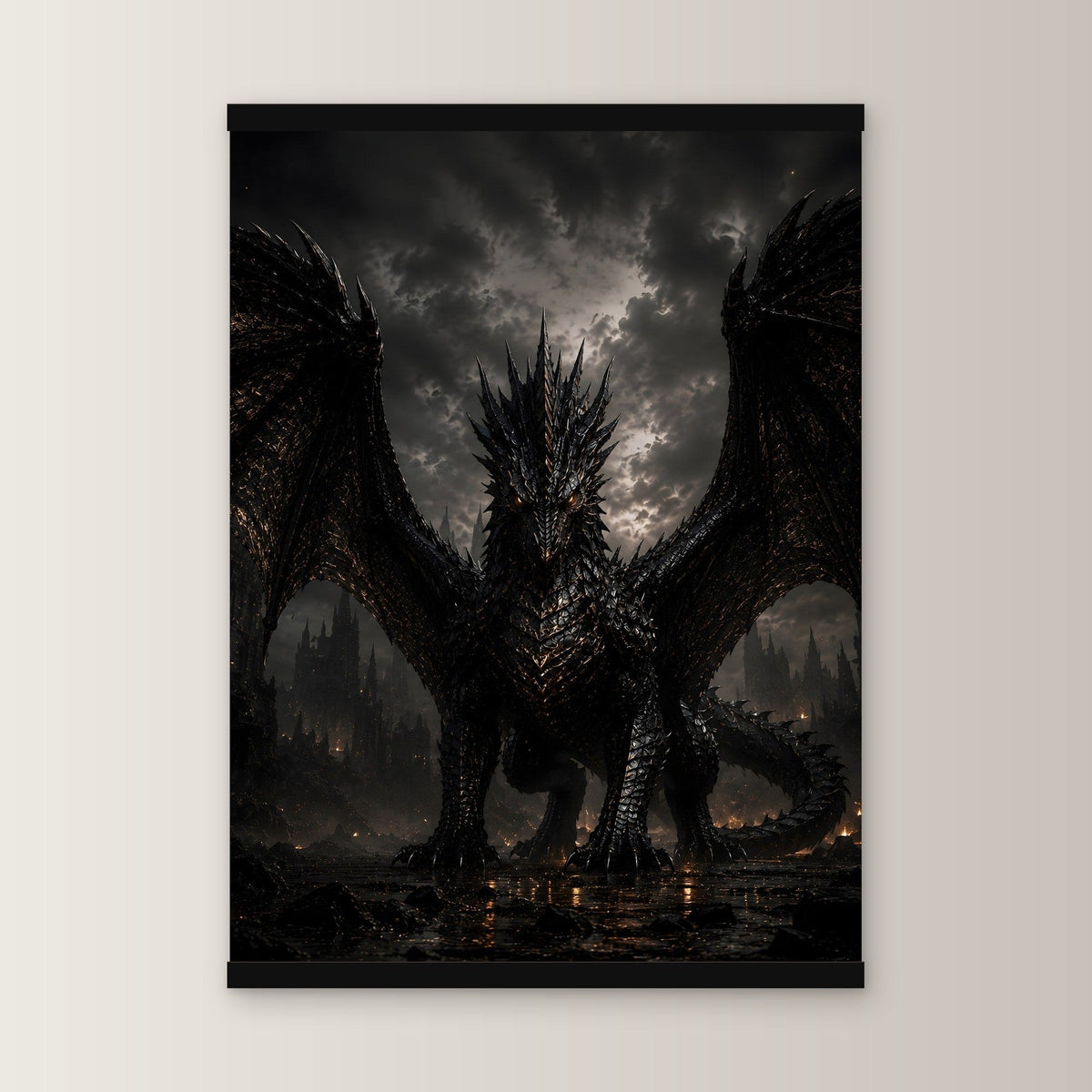 Der Aschekönig als Poster mit schwarzer Holzleiste, gerade von vorn an heller Wand