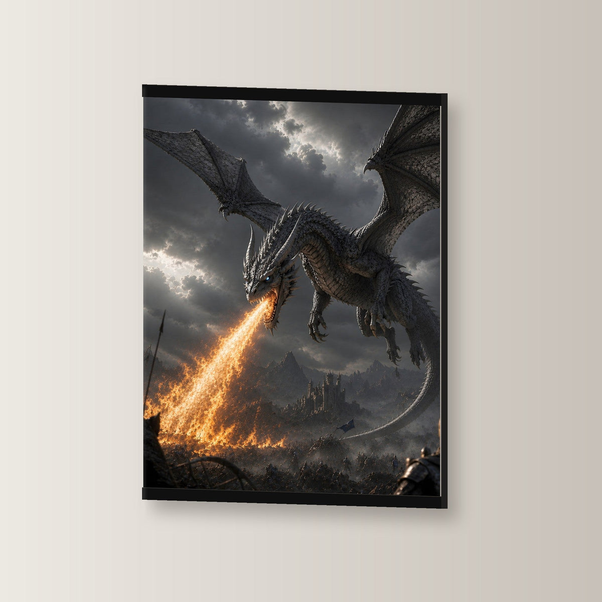 Der Aschesturm als Poster mit schwarzer Holzleiste, leicht gedreht an der Wand fotografiert