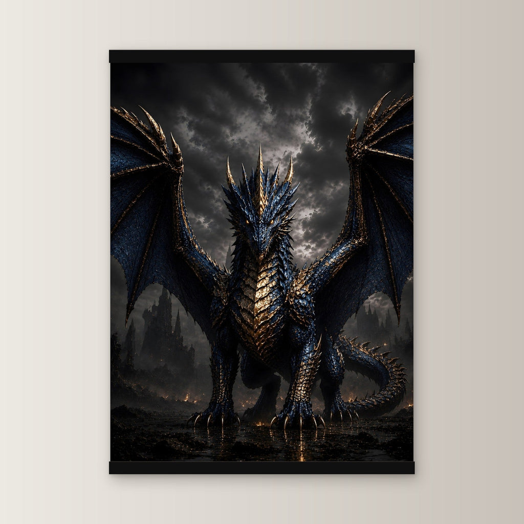 Der Azurdrache als Poster mit schwarzer Holzleiste, gerade von vorn an heller Wand