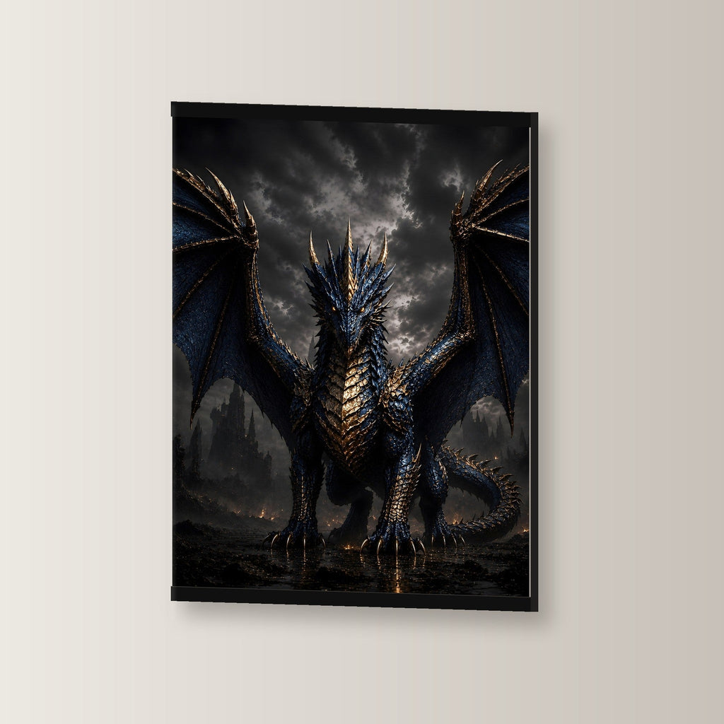 Der Azurdrache als Poster mit schwarzer Holzleiste, leicht gedreht an der Wand fotografiert