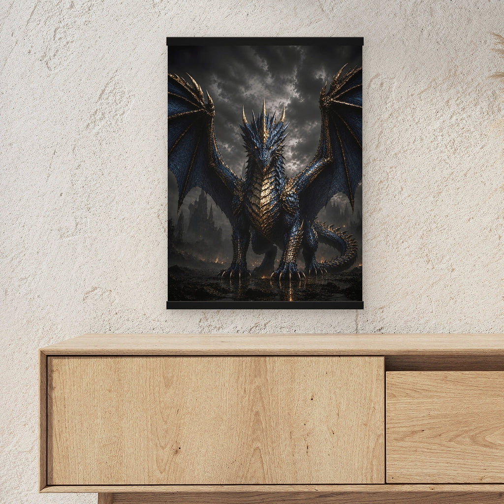 Der Azurdrache als Poster mit schwarzer Holzleiste ueber einem Sideboard, zeigt die Groesse im Raum