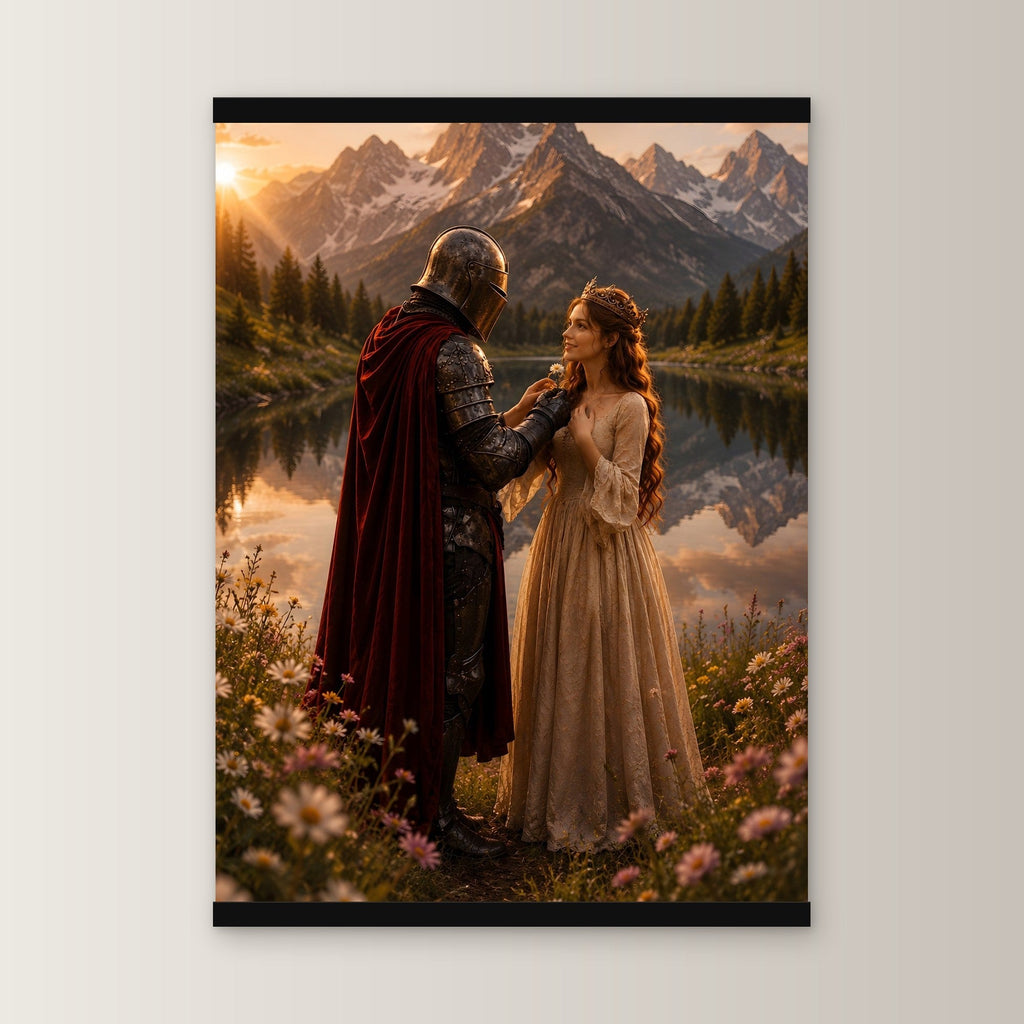 Blüten am Bergsee als Poster mit schwarzer Holzleiste, gerade von vorn an heller Wand