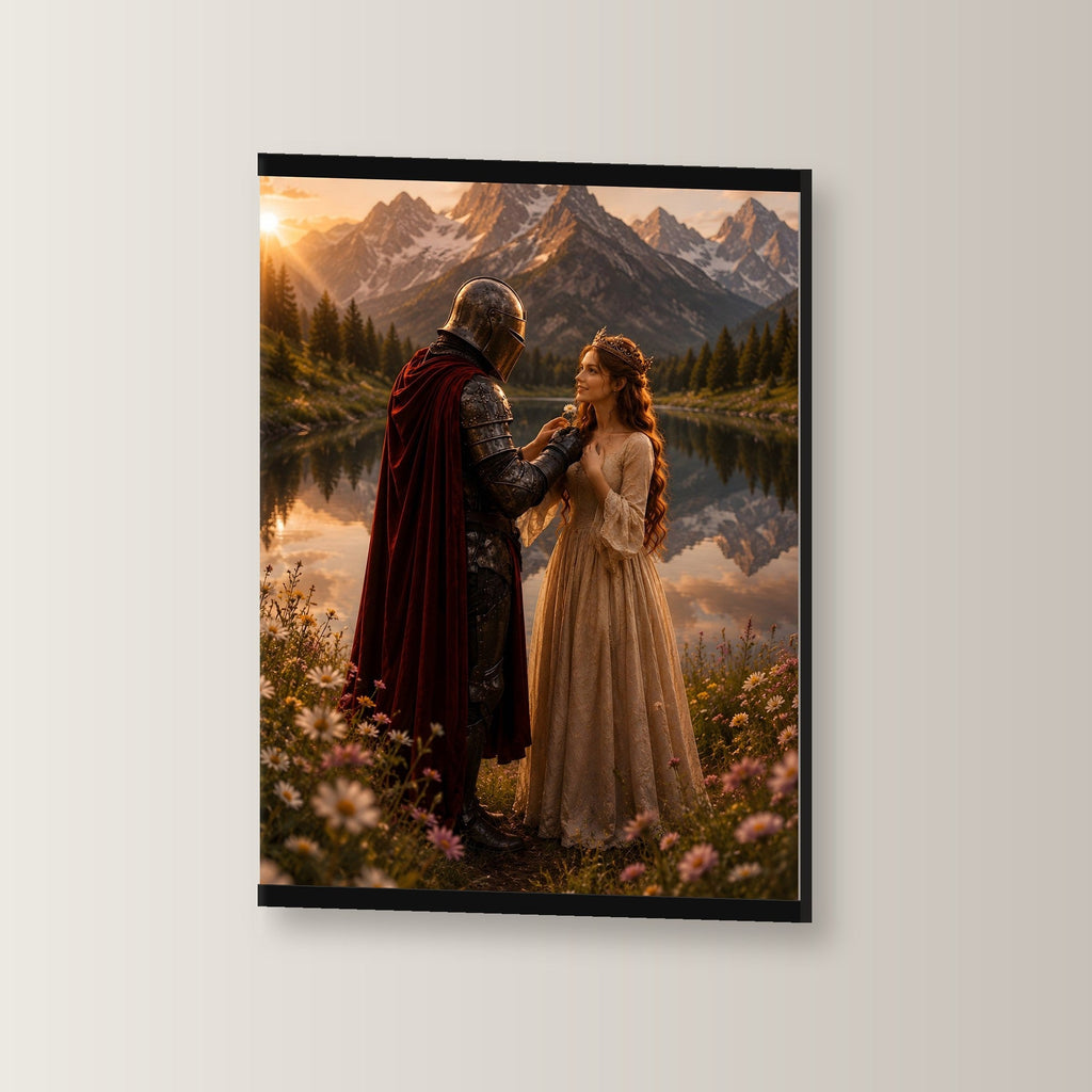 Blüten am Bergsee als Poster mit schwarzer Holzleiste, leicht gedreht an der Wand fotografiert
