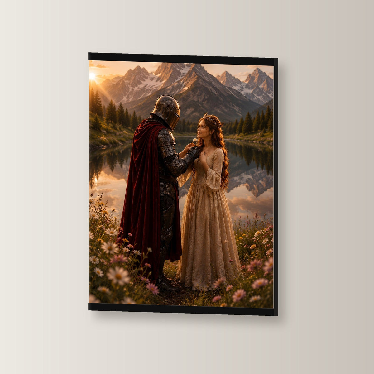 Blüten am Bergsee als Poster mit schwarzer Holzleiste, leicht gedreht an der Wand fotografiert