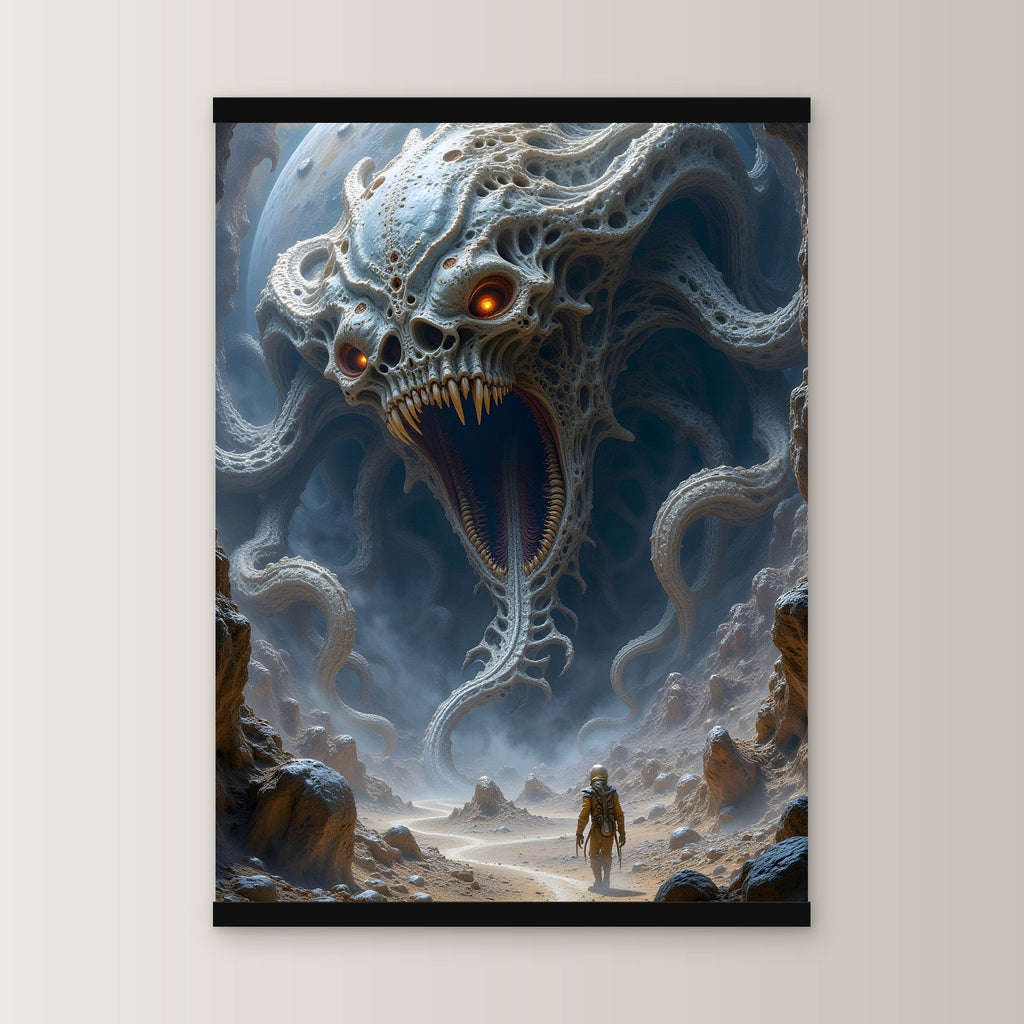 Der Behemoth als Poster mit schwarzer Holzleiste, gerade von vorn an heller Wand