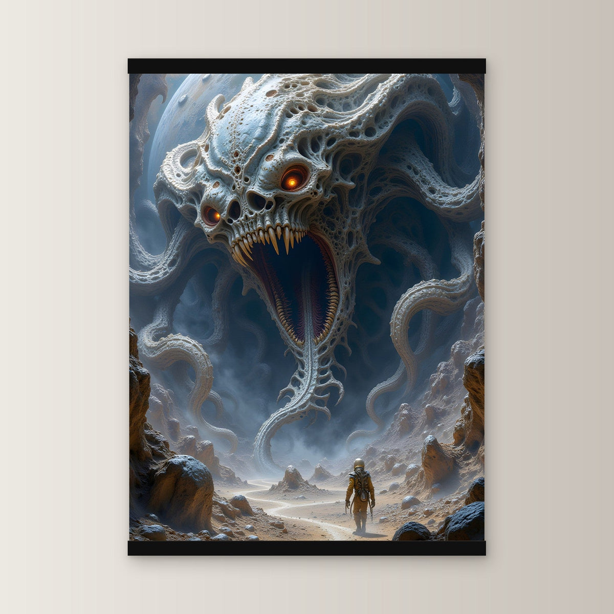 Der Behemoth als Poster mit schwarzer Holzleiste, gerade von vorn an heller Wand