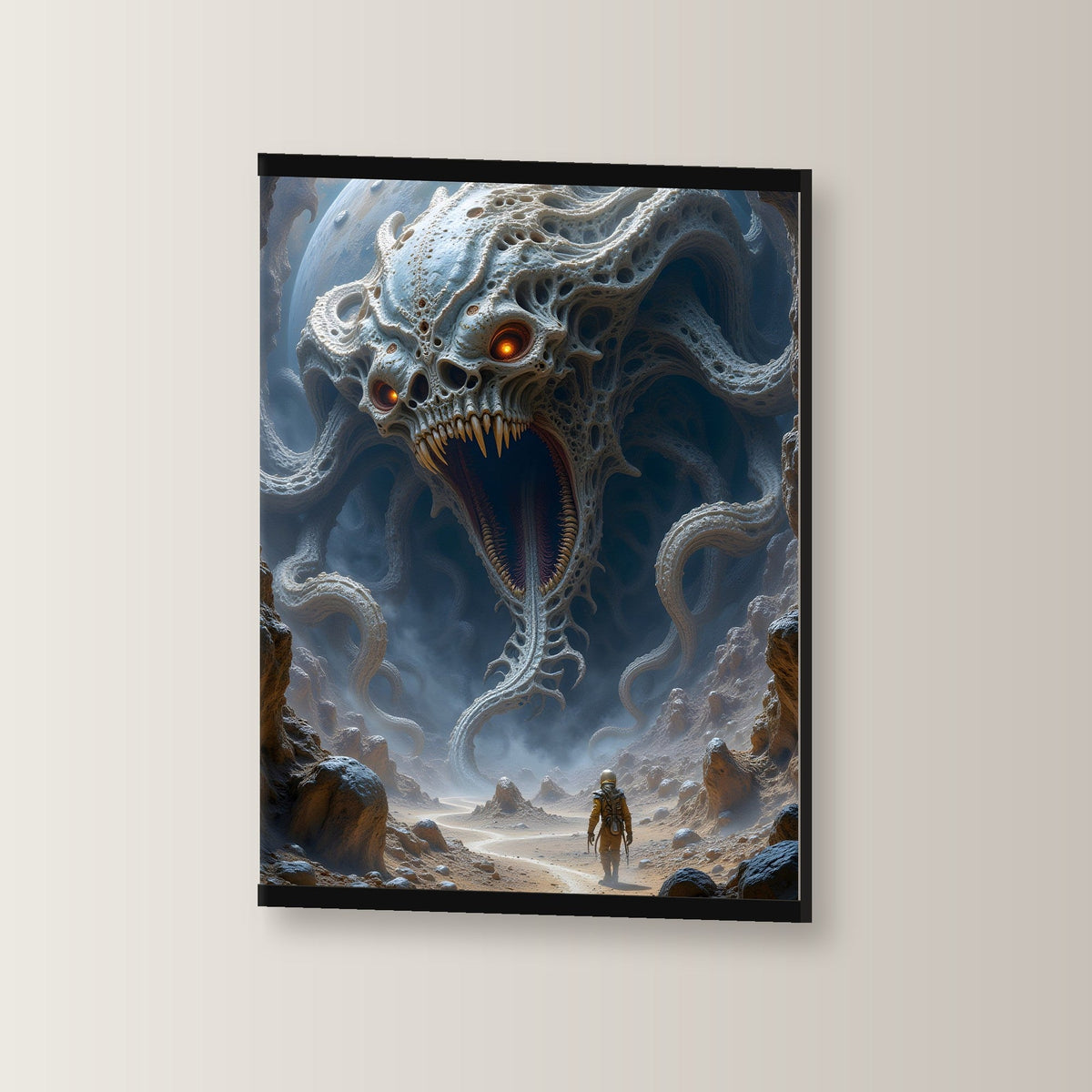 Der Behemoth als Poster mit schwarzer Holzleiste, leicht gedreht an der Wand fotografiert