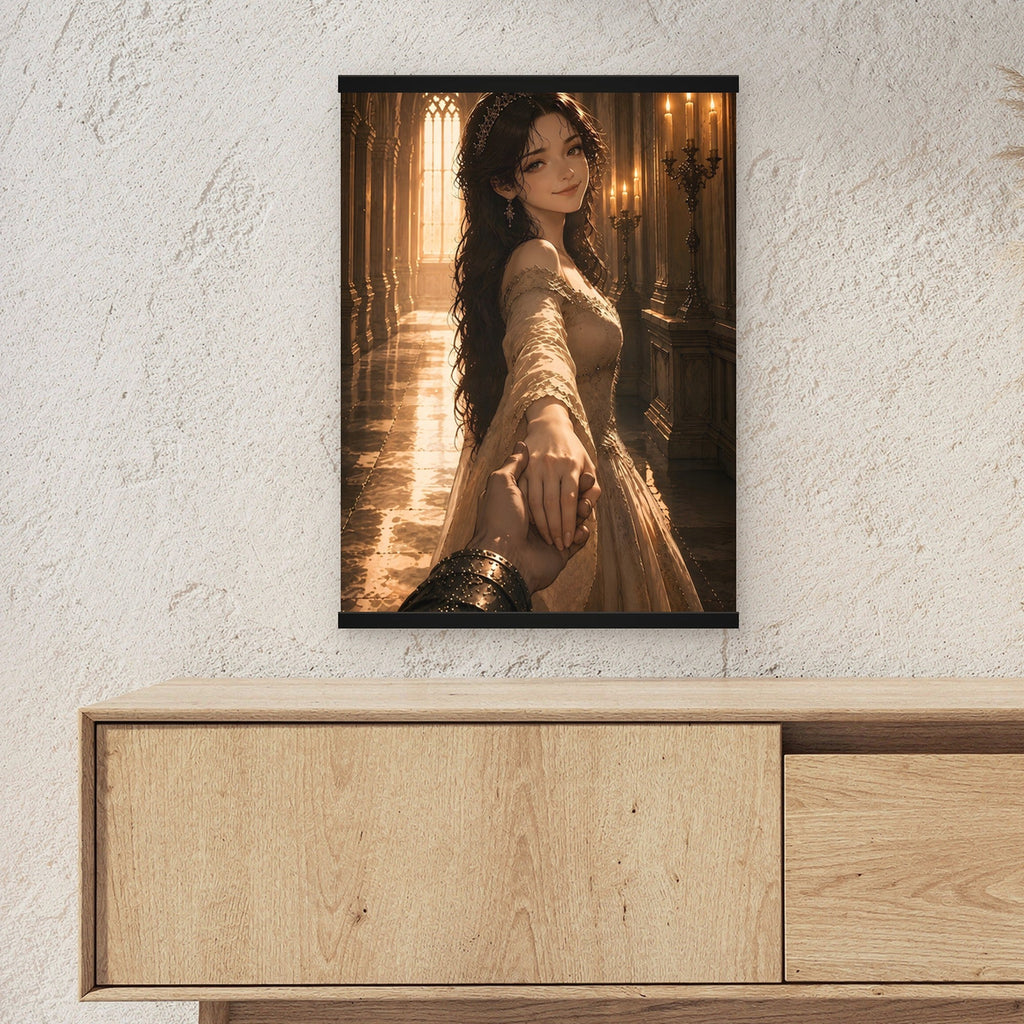 Die Braut im Kerzenlicht als Poster mit schwarzer Holzleiste ueber einem Sideboard, zeigt die Groesse im Raum