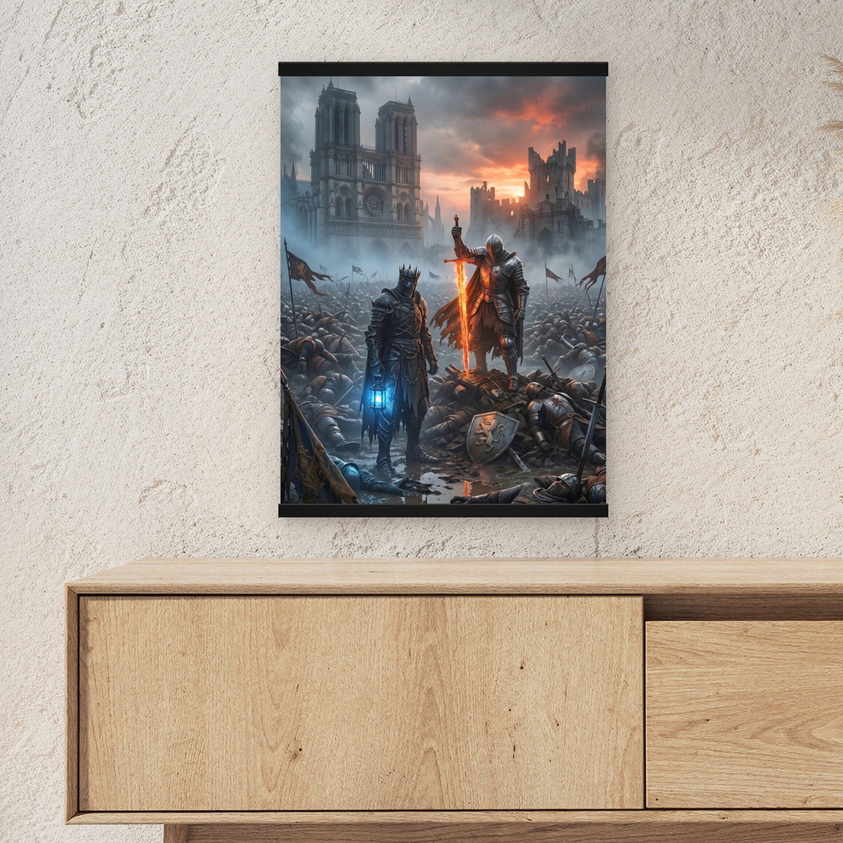 Die Letzten vor der Kathedrale als Poster mit schwarzer Holzleiste ueber einem Sideboard, zeigt die Groesse im Raum