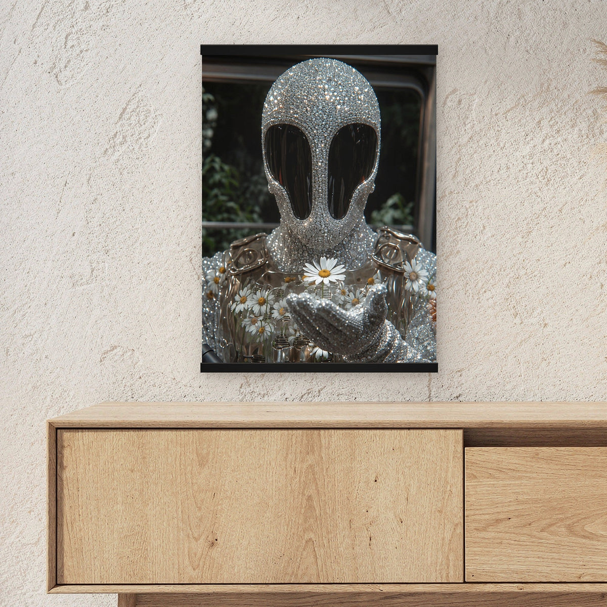 Blütenseele als Poster mit schwarzer Holzleiste ueber einem Sideboard, zeigt die Groesse im Raum