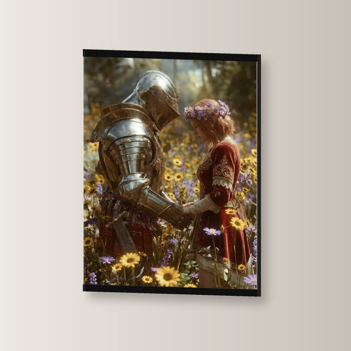 Das Blütenversprechen als Poster mit schwarzer Holzleiste, leicht gedreht an der Wand fotografiert