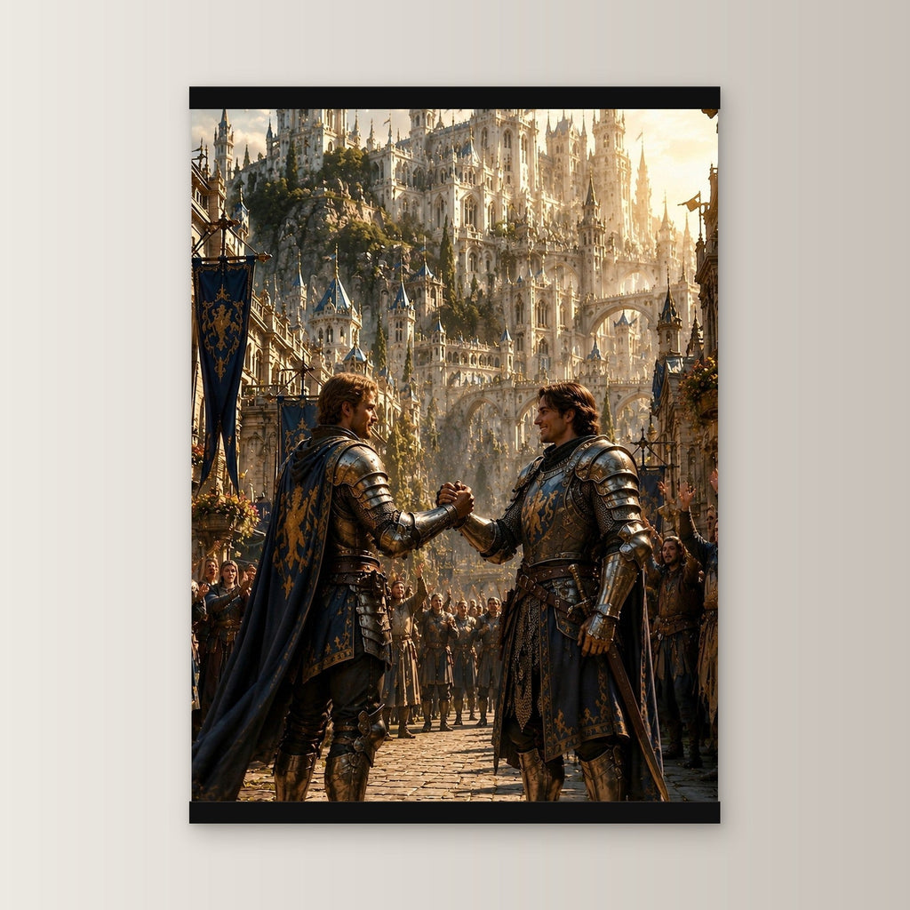 Der Bruderschwur als Poster mit schwarzer Holzleiste, gerade von vorn an heller Wand