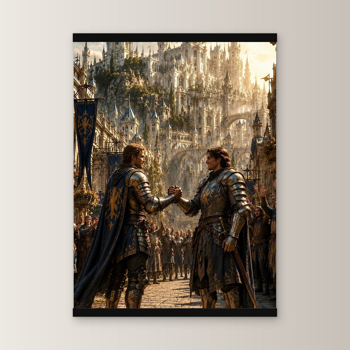 Der Bruderschwur als Poster mit schwarzer Holzleiste, gerade von vorn an heller Wand