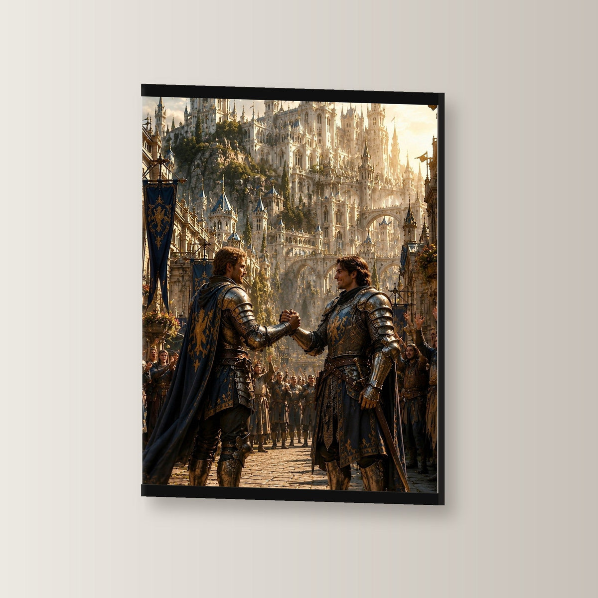 Der Bruderschwur als Poster mit schwarzer Holzleiste, leicht gedreht an der Wand fotografiert