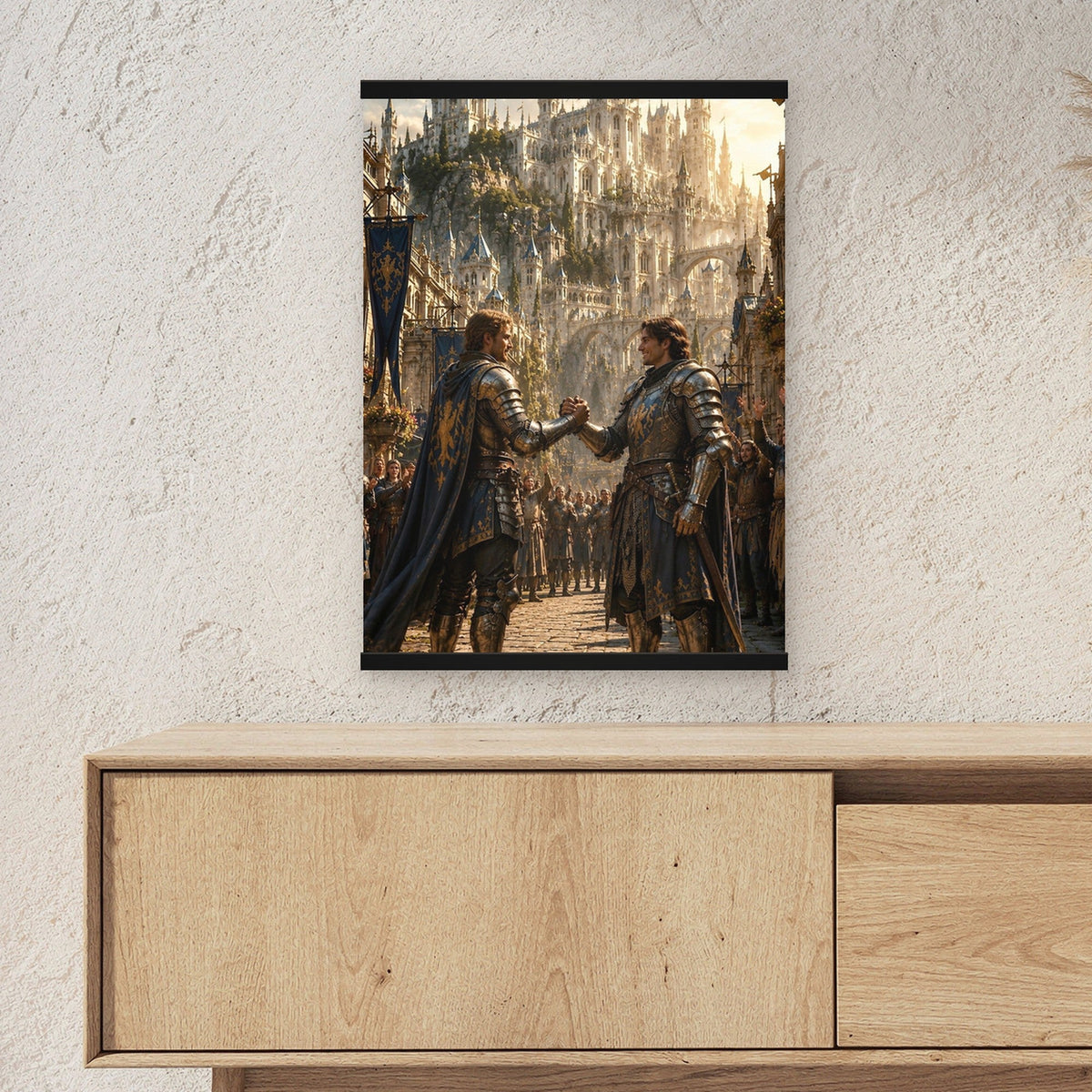 Der Bruderschwur als Poster mit schwarzer Holzleiste ueber einem Sideboard, zeigt die Groesse im Raum