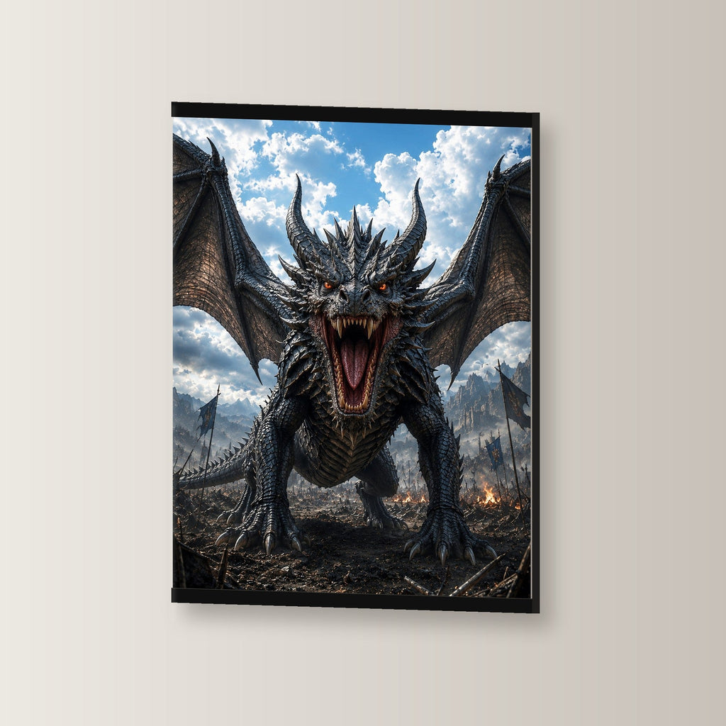 Der Blutzahn als Poster mit schwarzer Holzleiste, leicht gedreht an der Wand fotografiert