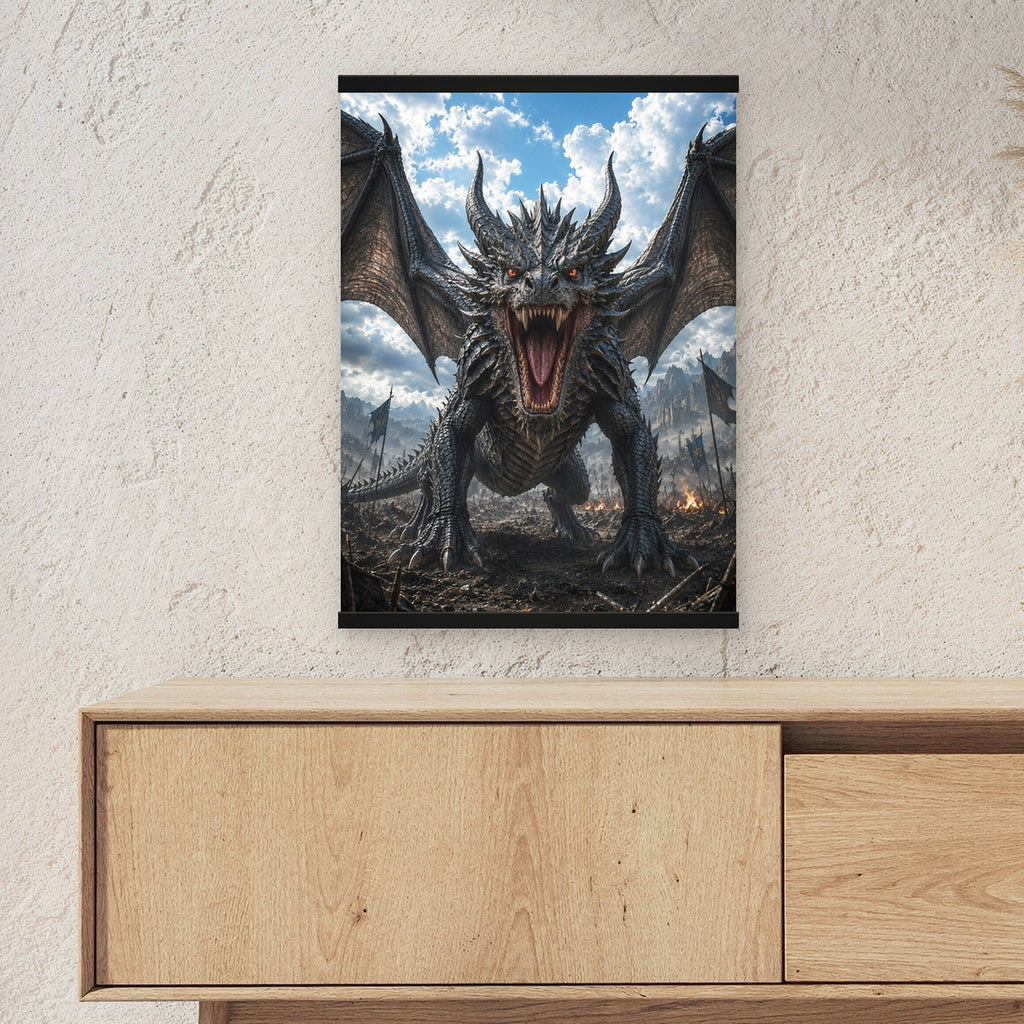 Der Blutzahn als Poster mit schwarzer Holzleiste ueber einem Sideboard, zeigt die Groesse im Raum