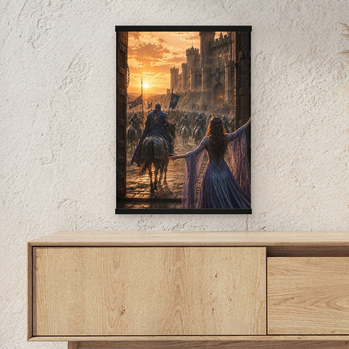 Der Abschied als Poster mit schwarzer Holzleiste ueber einem Sideboard, zeigt die Groesse im Raum