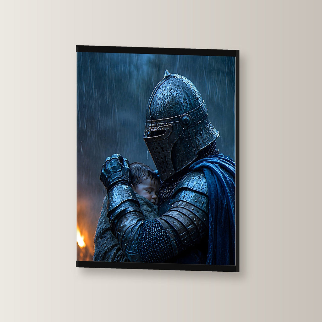 Der Beschützer als Poster mit schwarzer Holzleiste, leicht gedreht an der Wand fotografiert