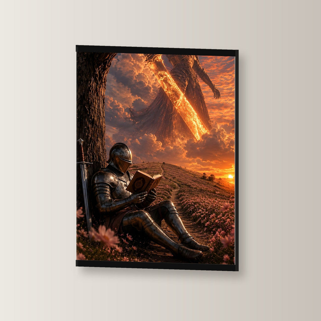 Die Feuerlegende als Poster mit schwarzer Holzleiste, leicht gedreht an der Wand fotografiert
