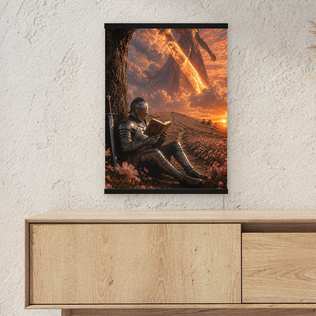 Die Feuerlegende als Poster mit schwarzer Holzleiste ueber einem Sideboard, zeigt die Groesse im Raum