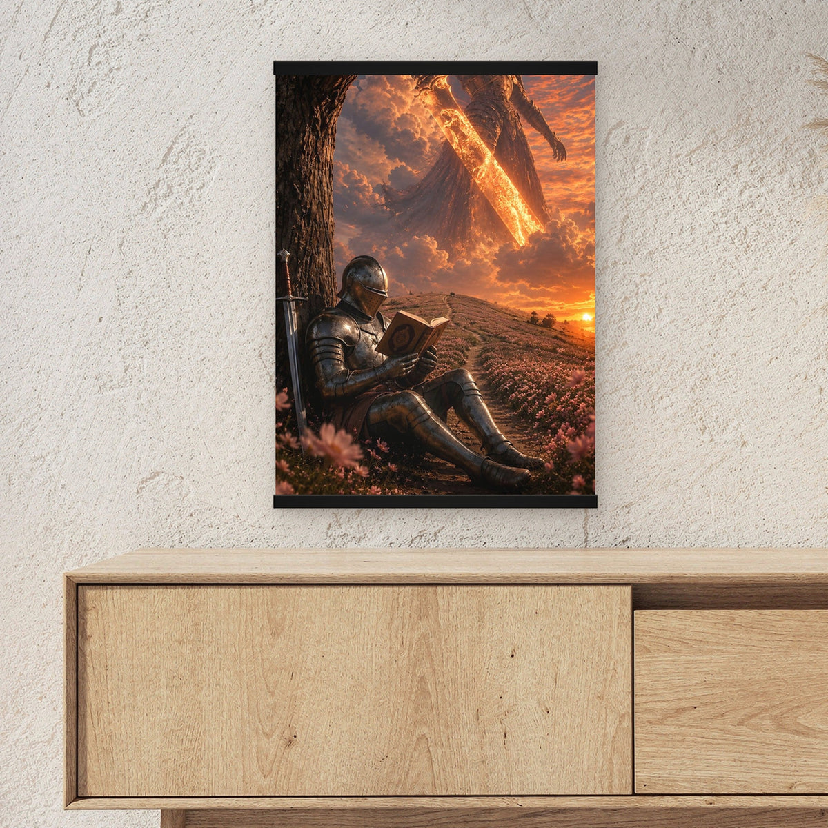 Die Feuerlegende als Poster mit schwarzer Holzleiste ueber einem Sideboard, zeigt die Groesse im Raum