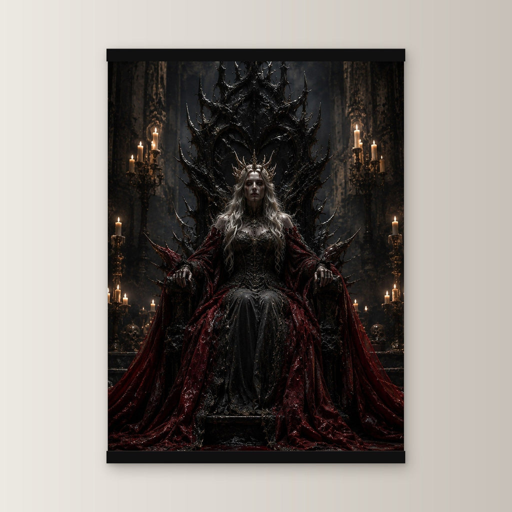 Die Dunkelkönigin als Poster mit schwarzer Holzleiste, gerade von vorn an heller Wand