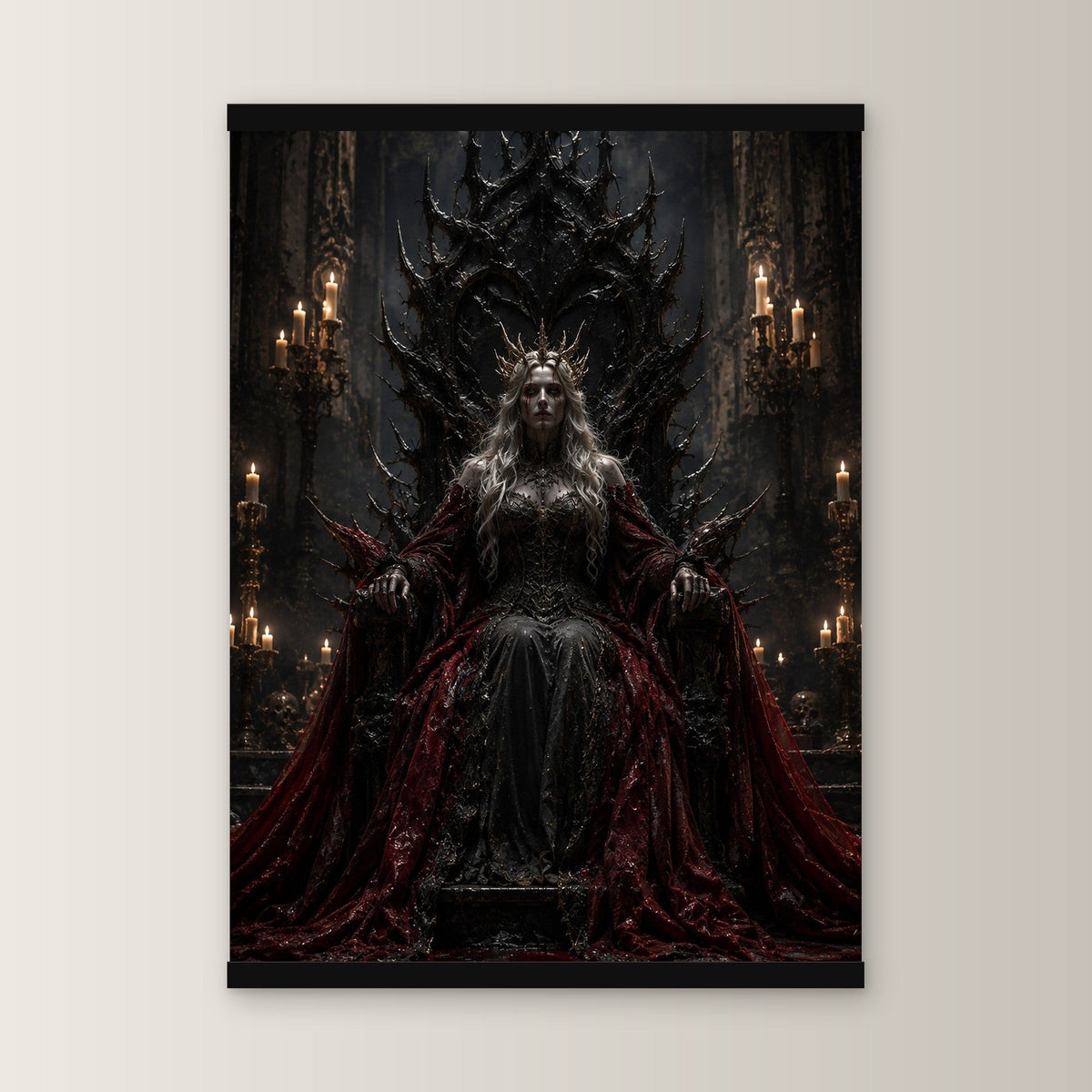 Die Dunkelkönigin als Poster mit schwarzer Holzleiste, gerade von vorn an heller Wand
